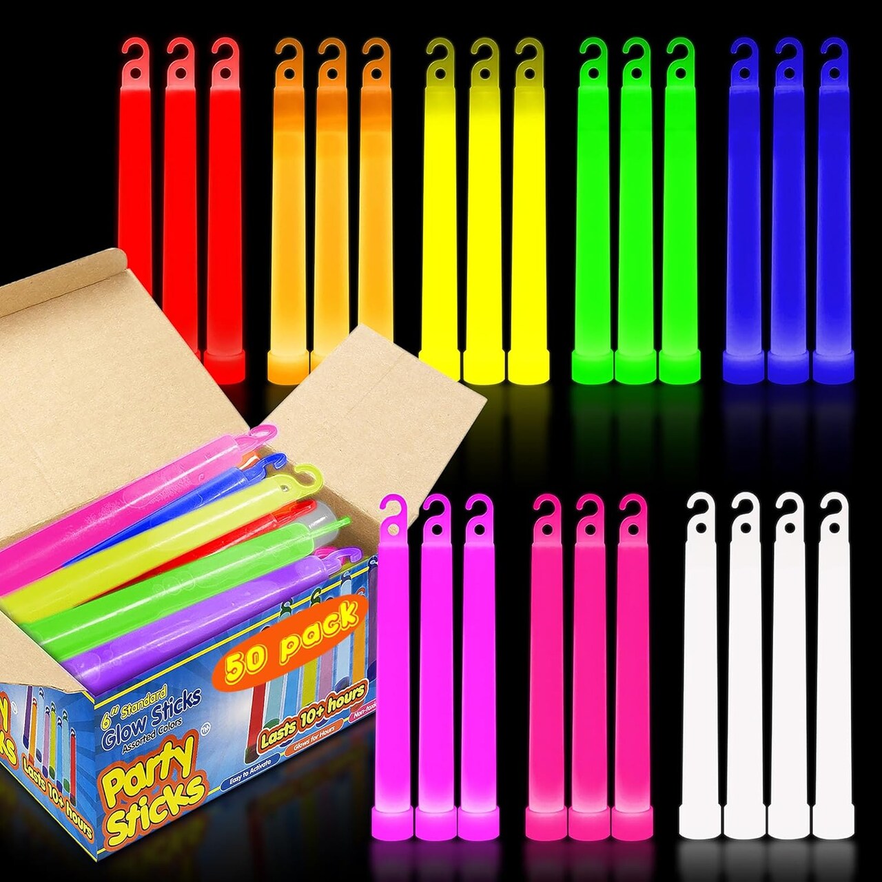 50-Pack Assorted 6-Inch Glow Sticks – Waterproof, Nontoxic Light-Up Party Favors for Kids & Adults, Glow in the Dark Necklaces & Party Decorations